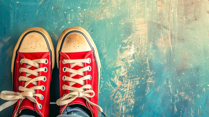 Red sneakers from above on textured blue background