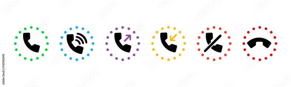 Poster phone handset icon. phone call icons with missed reject symbol for outgoing and incoming calls. set 