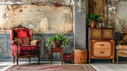 Vintage interior with classic furniture and plants
