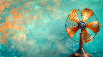 Vintage fan on distressed turquoise background