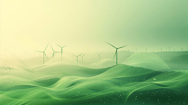 Ethereal Wind Farm Landscape - Ethereal landscape blending wind turbines and rolling hills, highlighting sustainable energy in harmony with nature, ideal for eco-conscious concepts