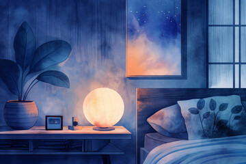 Cozy Bedroom at Night with Illuminated Globe, Starry Window View