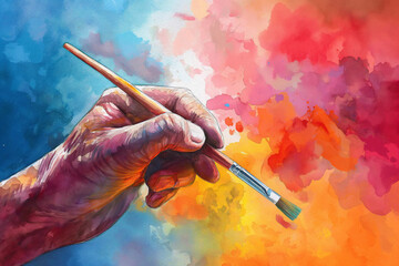 Elderly Artist's Hand with Paintbrush Against Vibrant Watercolor Backdrop