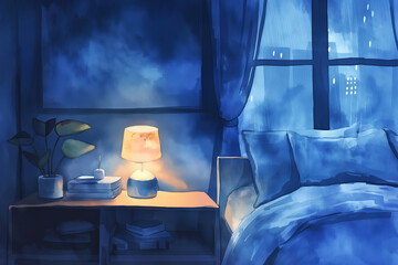 Cozy Blue Bedroom Interior at Night with a Soft Glowing Table Lamp