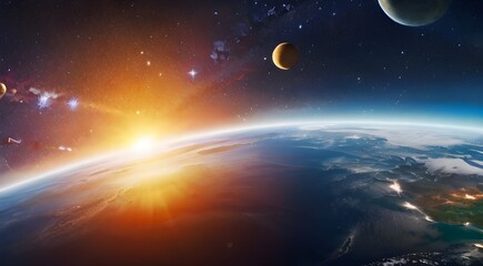 Panoramic view of the Earth, sun, star and galaxy.