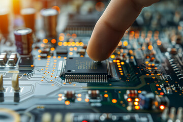 Close-up Installation of Microchip on Circuit Board by Human Finger