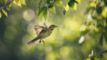 The picture shows a Corn Bunting bird in a green nature background during spring. - obrazy, fototapety, plakaty