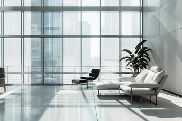 Modern Office Lounge with Sleek Furniture and Panoramic Cityscape View