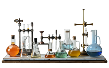 Laboratory Chemistry Beakers and Bunsen Burners Isolated on Transparent Background PNG.