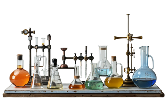 Laboratory Chemistry Beakers and Bunsen Burners Isolated on Transparent Background PNG.