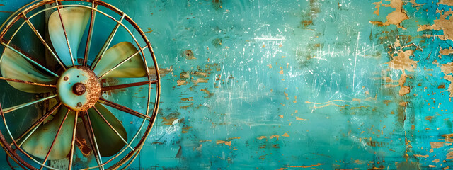 Vintage turquoise fan against weathered wall