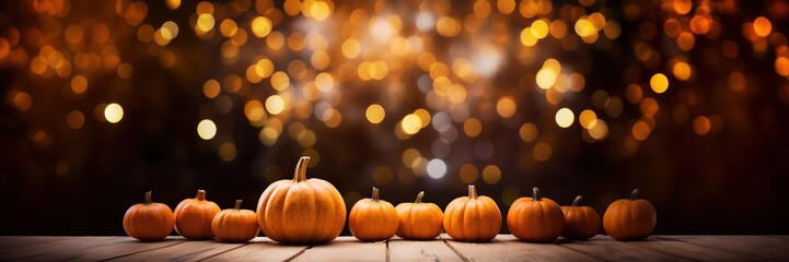 Beautiful pumpkin on a wooden floor. Festive Halloween bokeh background with empty space.