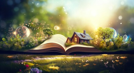 Open book with fairy tale house on nature background. Fairy tale concept