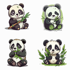 set different style panda eating bamboo sticker animal © Puji