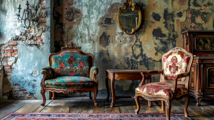 Vintage elegance: antique furniture in a rustic interior
