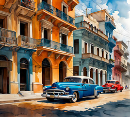 Watercolor painting Havana street, Cuba