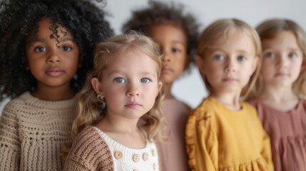 Cheerful children of different ethnicities in diversity photo shoot on soft color background.