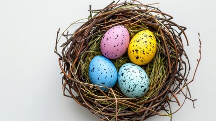 Naklejka na ściany i meble Colorful Easter Eggs in Nest On White Background