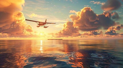 A plane soars over a tropical sea as the sun dips below the horizon, casting a golden glow on the water - obrazy, fototapety, plakaty