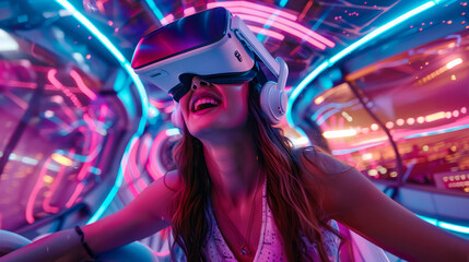 Cheerful girl in virtual reality glasses.