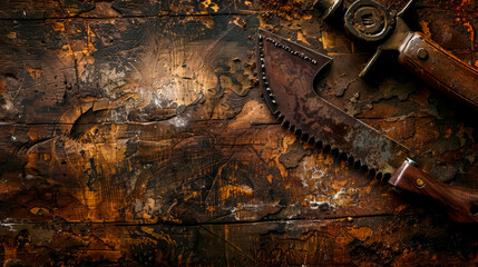Vintage saw and wrench on aged workbench