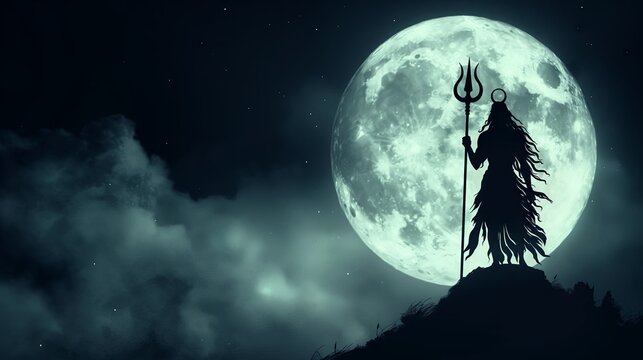 Illustration of lord shiva silhouette with trident against full moon for maha shivratri