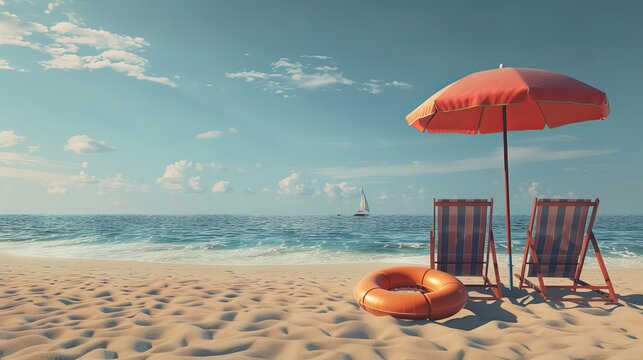 A 3D rendering of a beach scene depicts a beach umbrella with chairs, and an inflatable ring resting on the sand, symbolizing summer and relaxation.