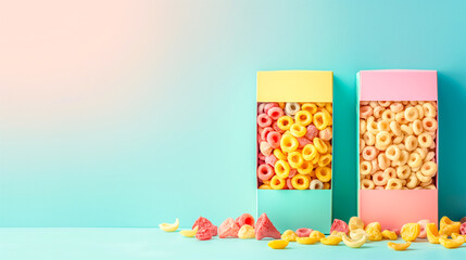 Colorful breakfast cereal boxes on pastel background