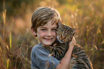 A boy holding a cat in his arms and smiling at the camera while he holds it up to his face - animal photography
