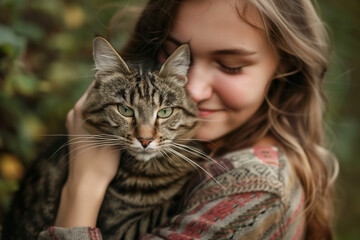 A girl holding a cat in his arms and smiling at the camera while he holds it up to his face - animal photography