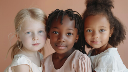 Cheerful children of different ethnicities in diversity photo shoot on soft color background.