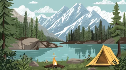 Fensteraufkleber A digital drawing of a camping scene. It shows a lake, mountains, forest, tent, and campfire. The style is simple and two-dimensional. © Suleyman