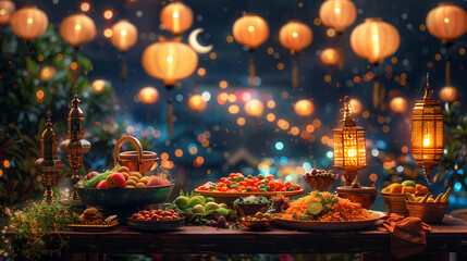 Vibrant Ramadan Night Market with Lanterns and Traditional Food - obrazy, fototapety, plakaty