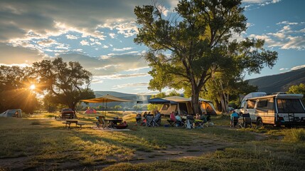 A family gathered for a barbecue dinner at their campsite as the sun set. - obrazy, fototapety, plakaty