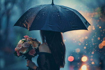 A woman holding an umbrella in the rain with a bouquet of flowers in her hand, grim yet sparkling atmosphere