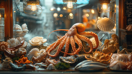 showcase with seafood, fish, octopus, crabs, squid, langoustines, beautiful studio light, food, restaurant, shop, ice, fresh, tasty, dish, meal, market