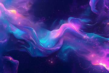 Fototapeten Abstract blue and purple liquid wavy shapes futuristic banner. Glowing retro waves vector background © avery