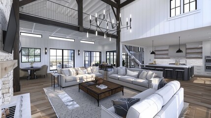 A modern farmhouse style living room with an open floor plan.
