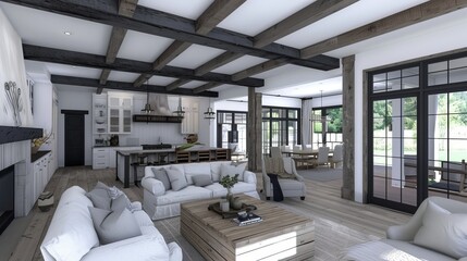 A modern farmhouse style living room with an open floor plan. - obrazy, fototapety, plakaty