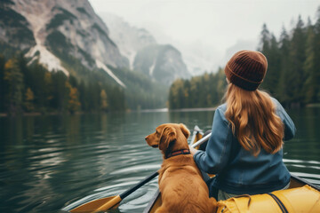 Rear view of woman paddles her canoe on a mountain lake with her pet dog - obrazy, fototapety, plakaty