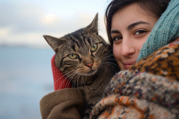 A woman holding a cat in his arms and smiling at the camera while he holds it up to his face - animal photography