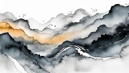 Black, Gray, and Gold Watercolor Waves on a Crisp White Canvas
