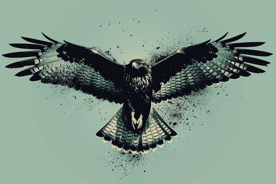 recommend clip art: A minimalist depiction of a soaring hawk, its wings spread wide in flight, captured in sleek lines against a clear sky blue background.