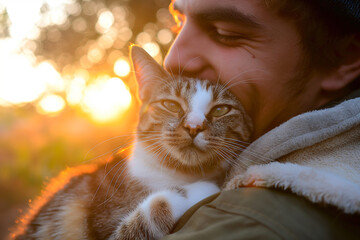 A man holding a cat in his arms and smiling at the camera while he holds it up to his face - animal photography