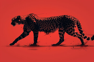 A sleek silhouette of a cheetah, captured in minimalist lines against a bold red background, embodying the essence of speed and grace.