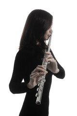 Flute player. Flutist playing flute music instrument isolated - 765967439