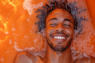 On a vibrant orange background, a man's face lights up with pride, his chest puffed out and a confident smile on his lips as he celebrates an accomplishment.