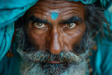 Against a background of brilliant turquoise, a man's expression softens with understanding, his eyes warm and compassionate as he listens attentively to someone sharing their story - obrazy, fototapety, plakaty