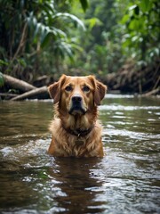 
A navigator dog bravely traverses the wild river's currents.  Generative AI

