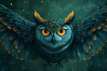 A minimalist illustration of a wise owl, with piercing eyes and outstretched wings, set against a deep forest green background, symbolizing wisdom and intuition.